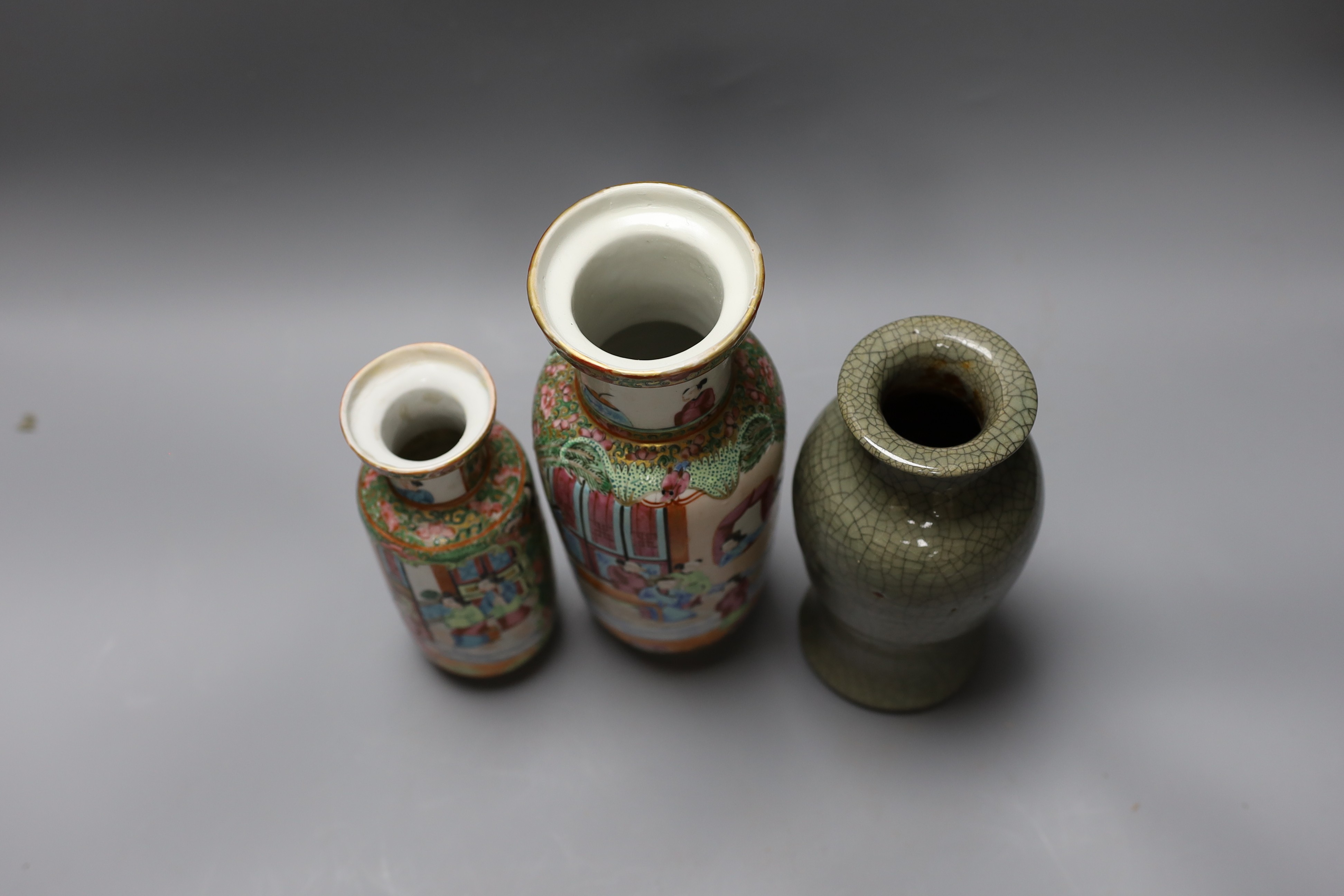 Two Chinese famille rose vases and a Celadon crackle glazed vase, 19th-century and later, tallest 25 cm